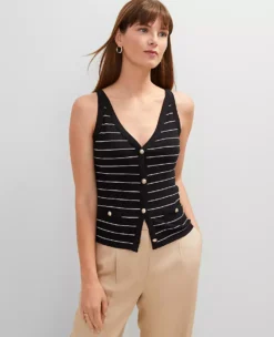 Petite Striped Button Tank Top Black