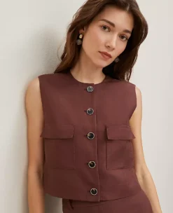 Petite Linen Blend Patch Pocket Vest Rich Walnut 7 Petite Linen Blend Patch Pocket Vest Rich Walnut -Anntaylor Shop 850939 019660 ALT2