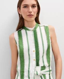 Petite Striped Linen Tank Top Leafy Green