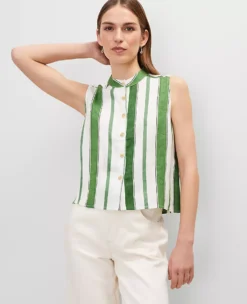 Petite Striped Linen Tank Top Leafy Green -Anntaylor Shop 850947 519970 ALT2