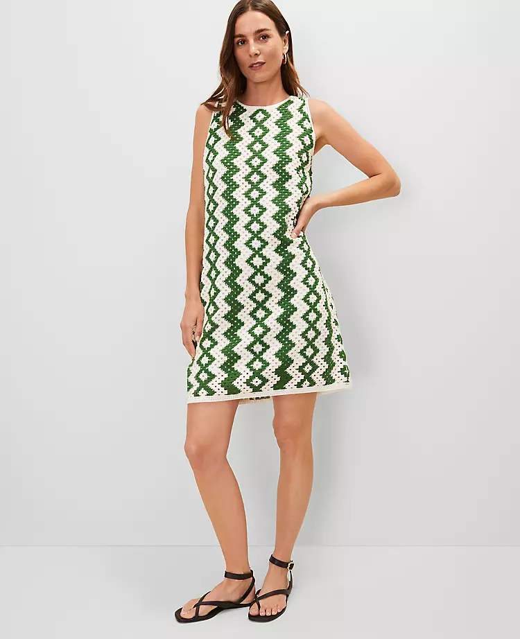 Petite Geo Crochet Shift Dress Green/White Combo 6 Petite Geo Crochet Shift Dress Green/White Combo - Image 4