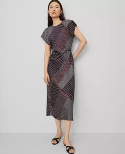 Striped Satin Twist Midi Dress Deep Purple Onyx