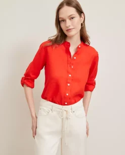 Petite Relaxed Linen Perfect Shirt Fiery Red -Anntaylor Shop 851074 5139 ALT2