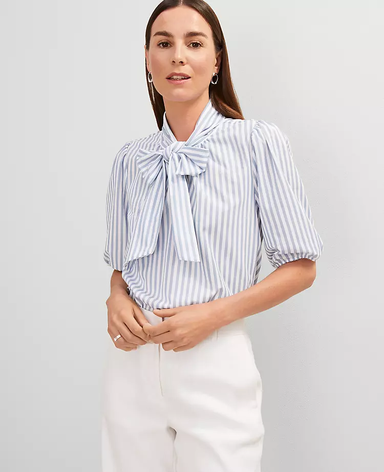 Petite Striped Bow Blouse Coastline Blue 3 Petite Striped Bow Blouse Coastline Blue