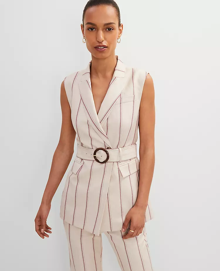 Petite Pinstripe Belted Vest Flax 4 Petite Pinstripe Belted Vest Flax - Image 2