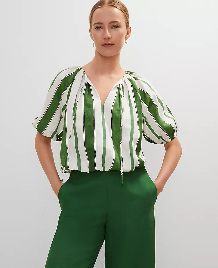 Petite Linen Blend Bubble Hem Blouse Leafy Green 3 Petite Linen Blend Bubble Hem Blouse Leafy Green