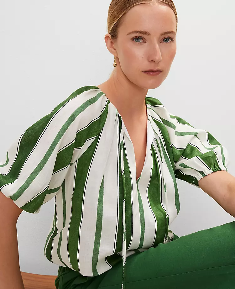 Petite Linen Blend Bubble Hem Blouse Leafy Green 5 Petite Linen Blend Bubble Hem Blouse Leafy Green - Image 3