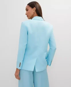 The Petite Relaxed Double Breasted Long Blazer In Linen Blend Gulf Stream Blue -Anntaylor Shop 851118 1352 ALT1