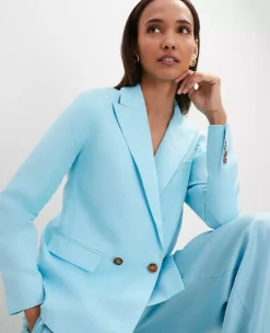 The Petite Relaxed Double Breasted Long Blazer In Linen Blend Gulf Stream Blue -Anntaylor Shop 851118 1352 ALT2