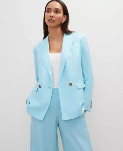 The Petite Relaxed Double Breasted Long Blazer In Linen Blend Gulf Stream Blue -Anntaylor Shop 851118 1352 ALT3