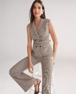 Petite Belted Plaid Vest Copper/Cream Multi