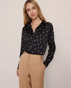 Petite Dotted Satin Button Down Shirt Cafe Au Lait