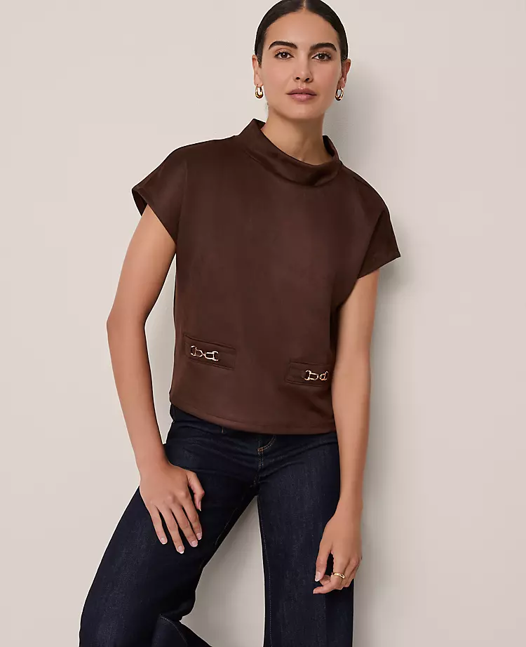 Petite Faux Suede Horsebit Top Dark Brown 3 Petite Faux Suede Horsebit Top Dark Brown