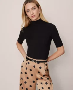 Petite Mock Neck Elbow Sleeve Top Black