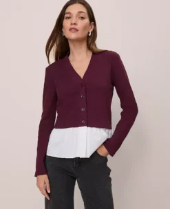 Petite Weekend Collection Mixed Media Peplum Cardigan Poised Plum