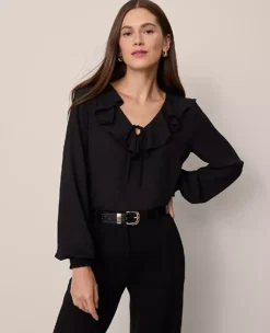 Petite Tie Neck Ruffle Blouse Black