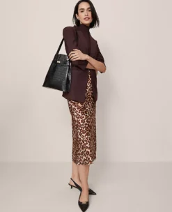 Petite Animal Print Satin Bias Slip Skirt Pale Sandalwood