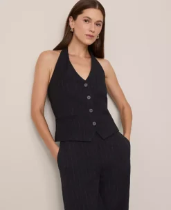 The Petite Halter Vest In Pinstripe Navy/White Pinstripe
