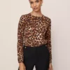Petite Animal Print Essential Crew Neck Sweater Brown -Anntaylor Shop 851613 523191