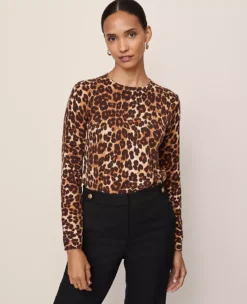Petite Animal Print Essential Crew Neck Sweater Brown