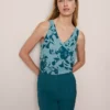 Petite Floral Mixed Media V-Neck Shell Deep Atlantic Teal -Anntaylor Shop 851619 526026