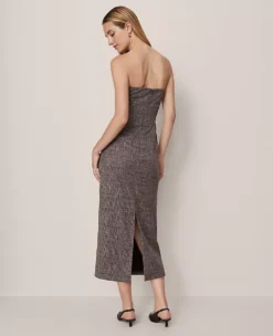 Petite Gathered Strapless Midi Dress In Plaid Black/Brown Multi -Anntaylor Shop 851623 019339 ALT1