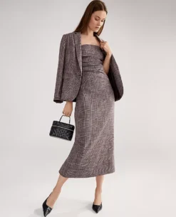 Petite Gathered Strapless Midi Dress In Plaid Black/Brown Multi