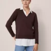 Petite Layered Mix Media Sweater Pure Chocolate -Anntaylor Shop 851679 7043