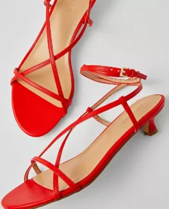 Leather Strappy Ankle Wrap Kitten Heel Sandals Red Pepper -Anntaylor Shop 852562 8861 ALT1