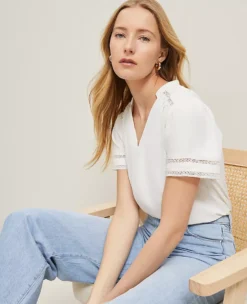 Petite Lace Trim Mixed Media Top Winter White -Anntaylor Shop 852600 9192 ALT2