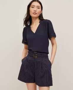 Petite Lace Trim Mixed Media Top Night Sky