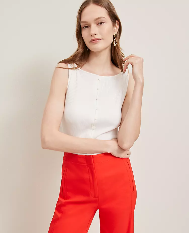 Petite Ribbed Sleeveless Button Top Winter White 3 Petite Ribbed Sleeveless Button Top Winter White