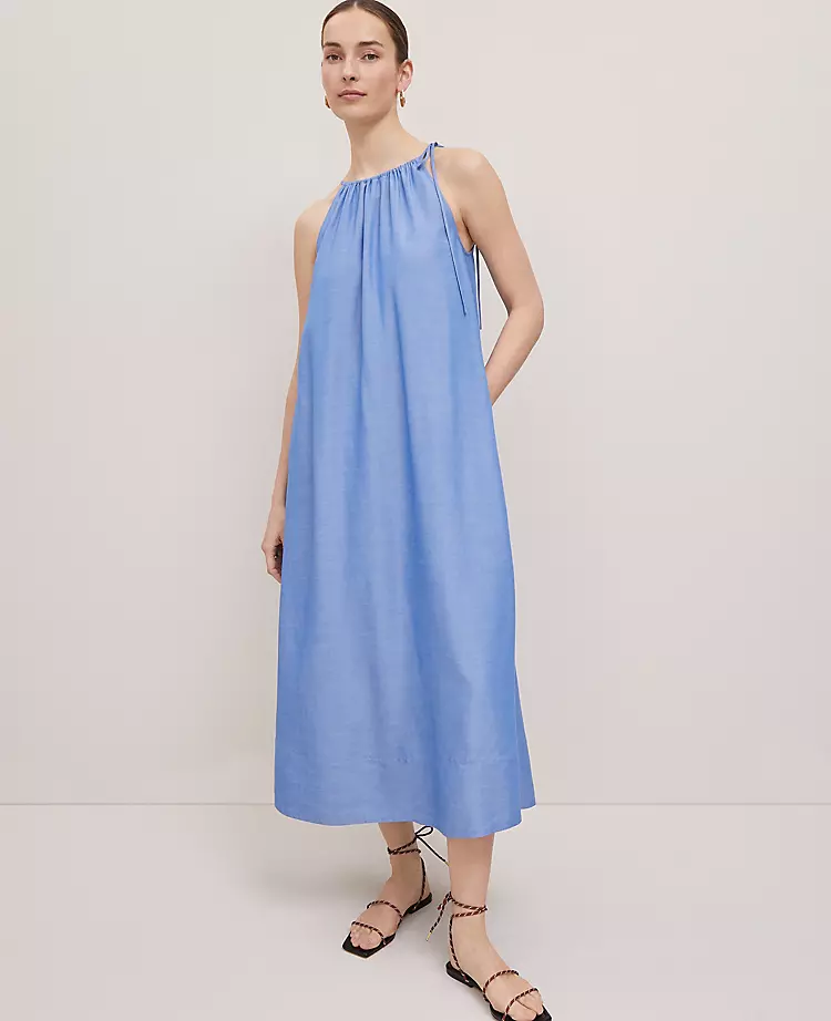 Petite Weekend Collection Chambray Halter Maxi Dress Blue Yonder 3 Petite Weekend Collection Chambray Halter Maxi Dress Blue Yonder