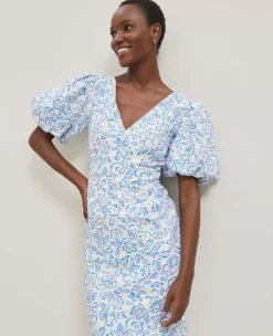 Petite Floral Linen Blend Puff Sleeve Sheath Dress White -Anntaylor Shop 852867 522442 ALT2