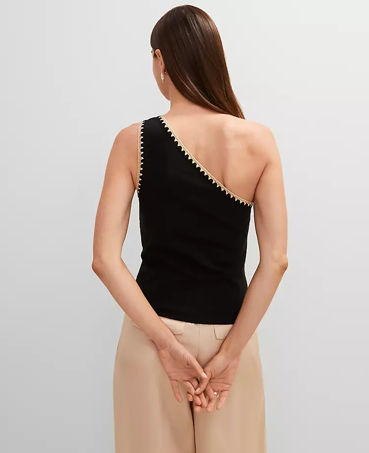 Petite Crochet Trim One Shoulder Top Black 4 Petite Crochet Trim One Shoulder Top Black - Image 2