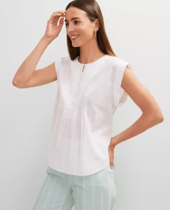 Petite Clip Dot Pintucked Top White