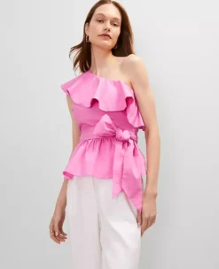 Petite One-Shoulder Tie Waist Blouse Pink Orchid