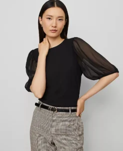 Petite Mixed Media Pleated Sleeve Top Black