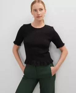Petite Smocked Ruffle Trimmed Top Black