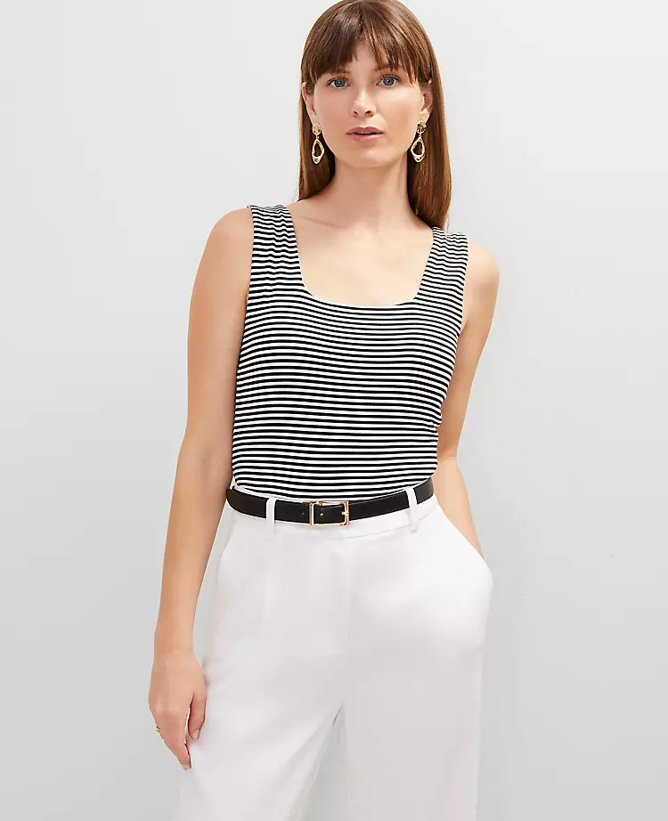 Petite Striped Square Neck Tank Top Black 3 Petite Striped Square Neck Tank Top Black