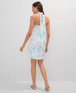 Petite Linen Blend Halter Sheath Dress White-Gulf Stream Blue -Anntaylor Shop 852993 523595 ALT1