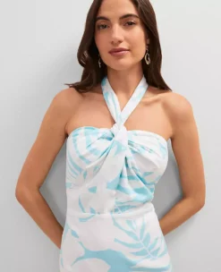 Petite Linen Blend Halter Sheath Dress White-Gulf Stream Blue -Anntaylor Shop 852993 523595 ALT2