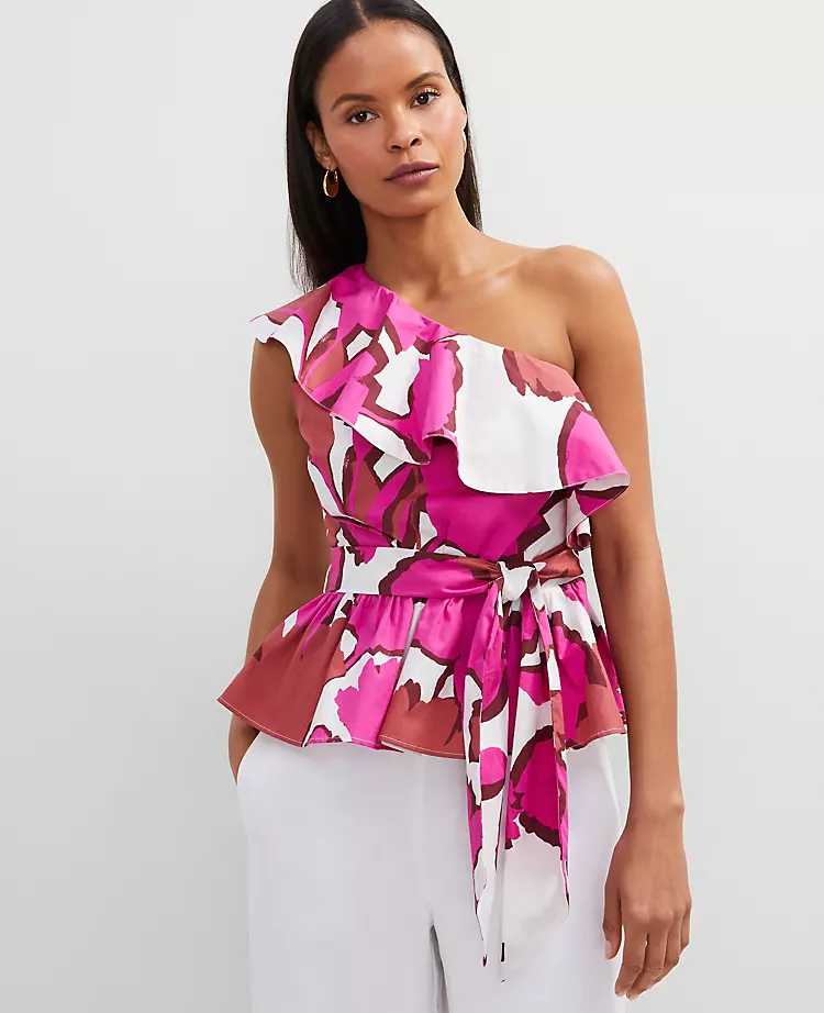 Petite Floral One-Shoulder Tie Waist Blouse Rose Violet 4 Petite Floral One-Shoulder Tie Waist Blouse Rose Violet - Image 2