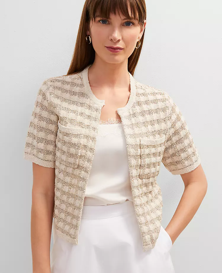 Petite Metallic Tweed Sweater Jacket Neutral Tweed 5 Petite Metallic Tweed Sweater Jacket Neutral Tweed - Image 3