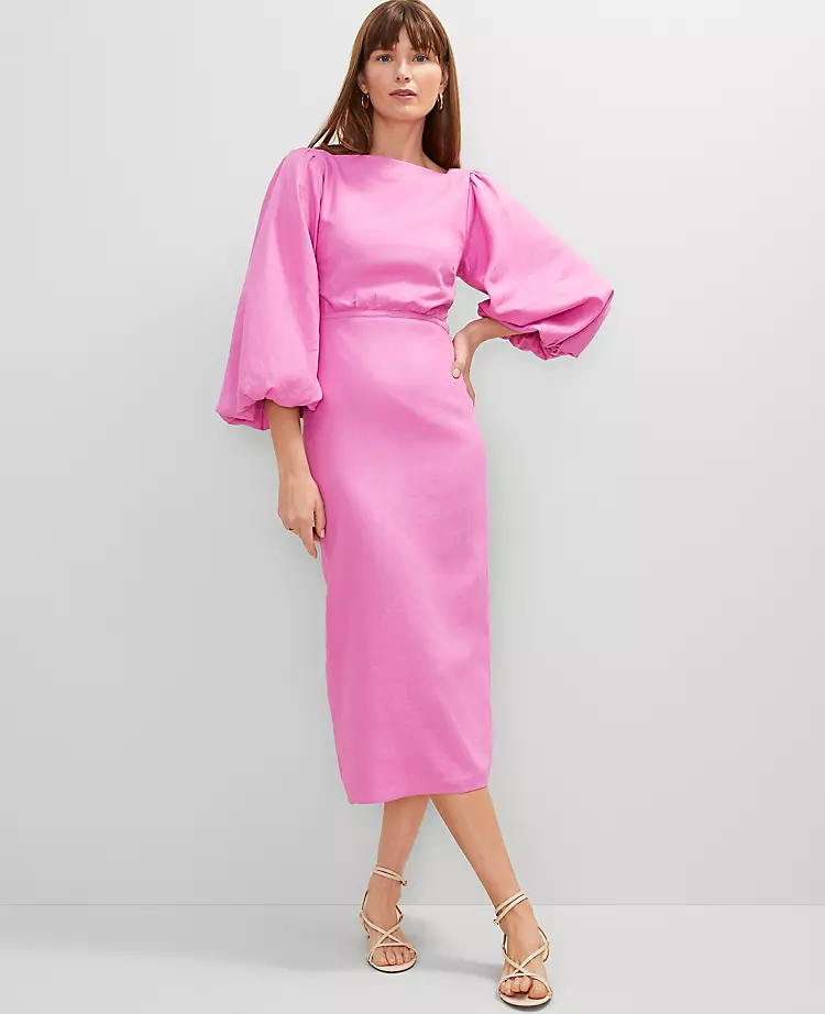 Petite Linen Blend Puff Sleeve Midi Dress Pink Orchid 4 Petite Linen Blend Puff Sleeve Midi Dress Pink Orchid - Image 2