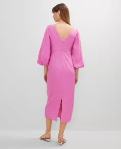 Petite Linen Blend Puff Sleeve Midi Dress Pink Orchid 8 Petite Linen Blend Puff Sleeve Midi Dress Pink Orchid -Anntaylor Shop 853085 019664 ALT1