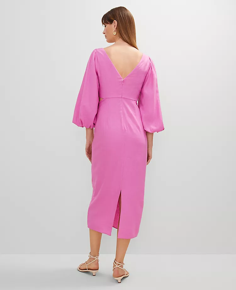 Petite Linen Blend Puff Sleeve Midi Dress Pink Orchid 5 Petite Linen Blend Puff Sleeve Midi Dress Pink Orchid - Image 3