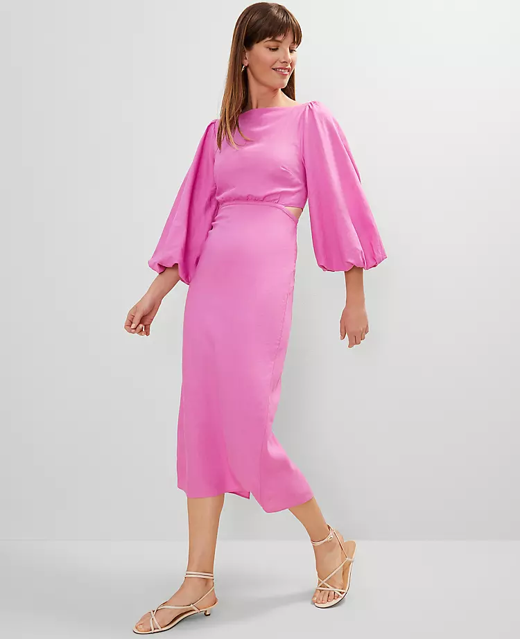 Petite Linen Blend Puff Sleeve Midi Dress Pink Orchid 6 Petite Linen Blend Puff Sleeve Midi Dress Pink Orchid - Image 4