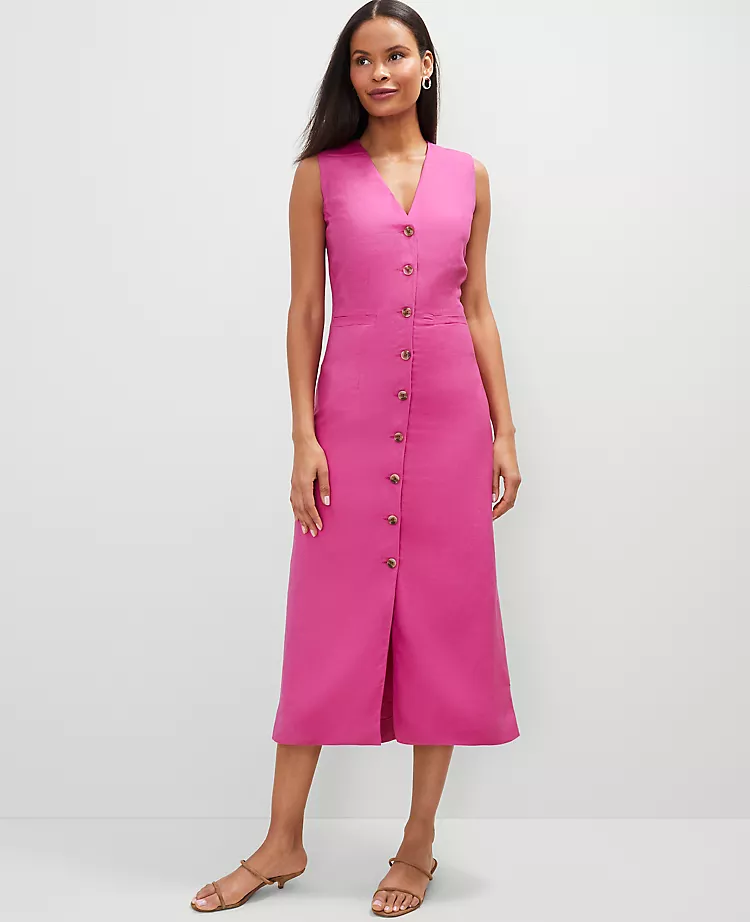 Petite Linen Blend V-Neck Shirtdress Rose Violet 4 Petite Linen Blend V-Neck Shirtdress Rose Violet - Image 2