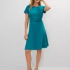 Petite Crew Neck Belted Flare Dress Aegean Teal -Anntaylor Shop 853114 9829